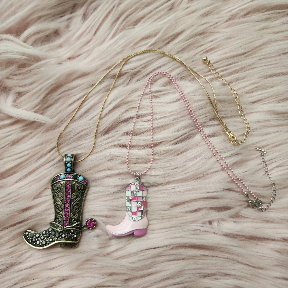 2 Cowboy Cowgirl Rhinestone Enamel Necklaces Set - Picture 2 of 7
